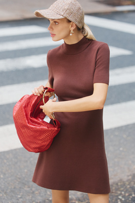 By Anthropologie The Nina Short-sleeve Mock-neck Mod Mini Dress In Brown