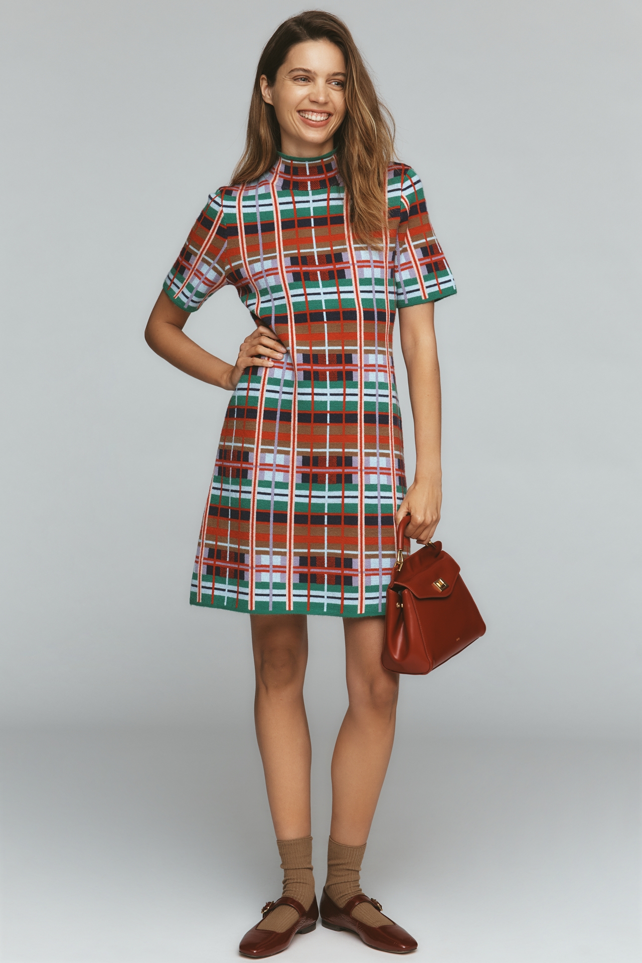 Nina Short-Sleeve Mock-Neck Mod Sweater Mini Dress