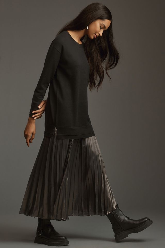 By Anthropologie Long-Sleeve Pleated Twofer Sweater Midi Dress |  Anthropologie