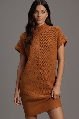 Shop By Anthropologie Short-sleeve Mock-neck Mini Jumper Dress In Brown