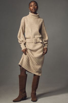 By Anthropologie Long-Sleeve Turtleneck Belted Sweater Midi Dress