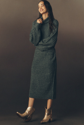By Anthropologie Long-sleeve Turtleneck Belted Sweater Midi Dress In Green