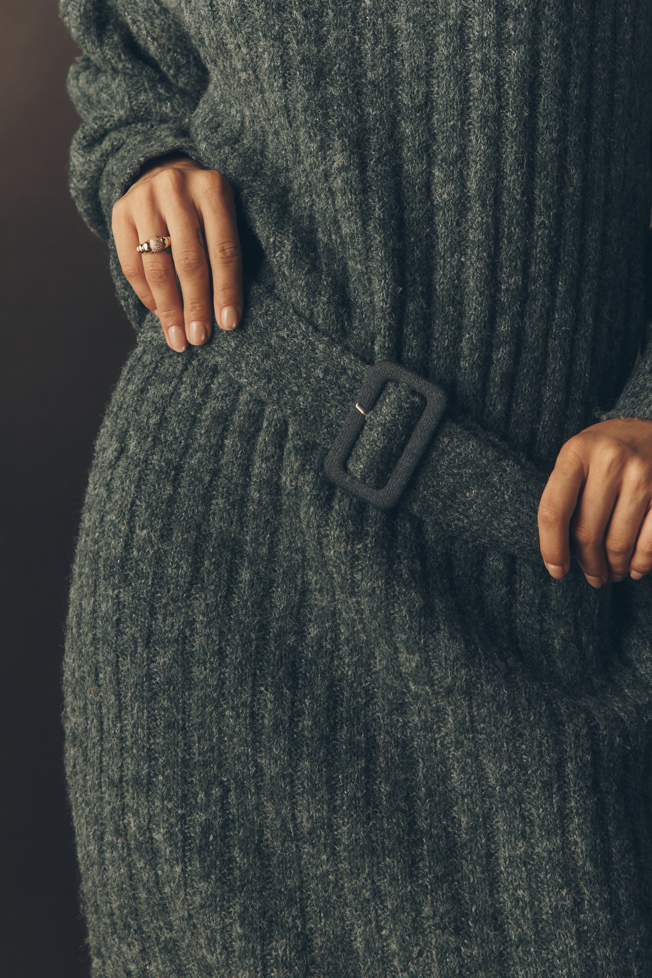 By Anthropologie Long-Sleeve Turtleneck Belted Sweater Midi Dress