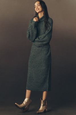 By Anthropologie Long-Sleeve Turtleneck Belted Sweater Midi Dress