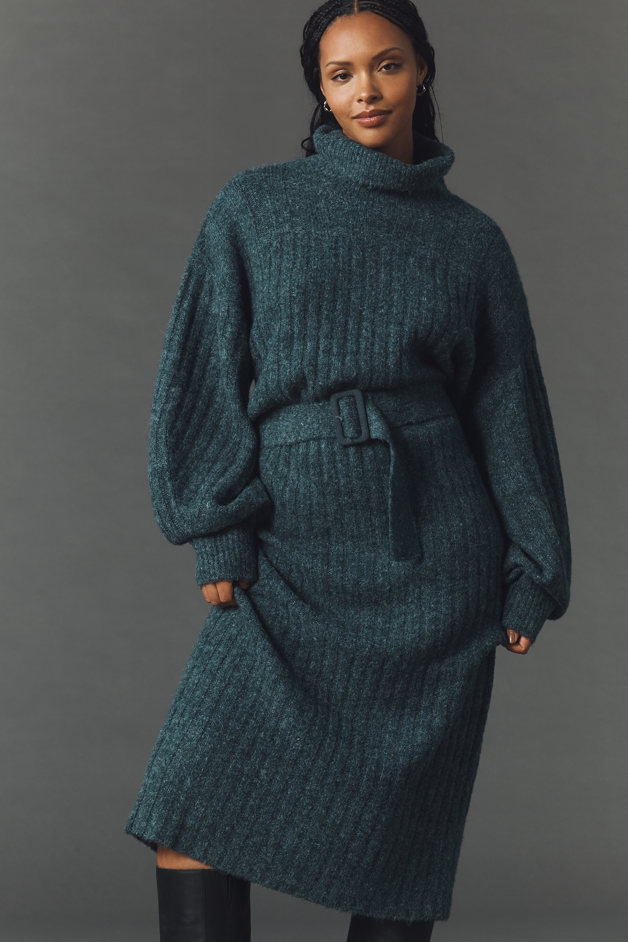 By Anthropologie Long-Sleeve Turtleneck Belted Sweater Midi Dress