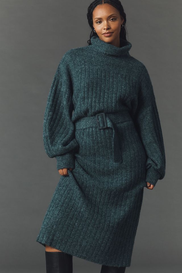 By Anthropologie Long-Sleeve Turtleneck Belted Sweater Midi Dress #5