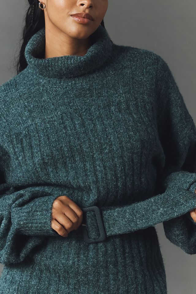 By Anthropologie Long-Sleeve Turtleneck Belted Sweater Midi Dress #7