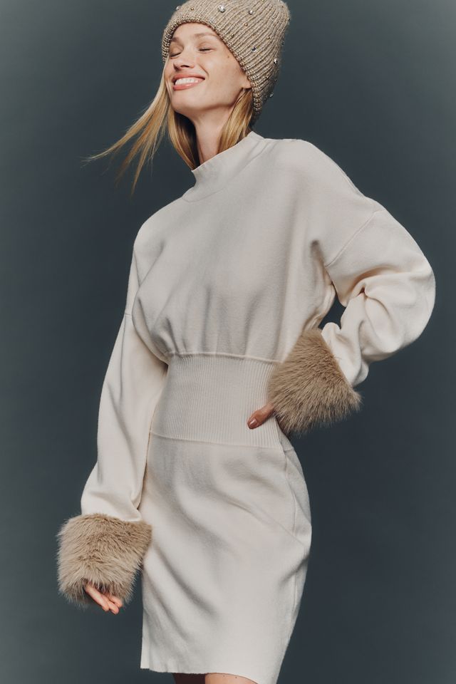 By Anthropologie Long-Sleeve Faux Fur Trim Sweater Mini Dress #1