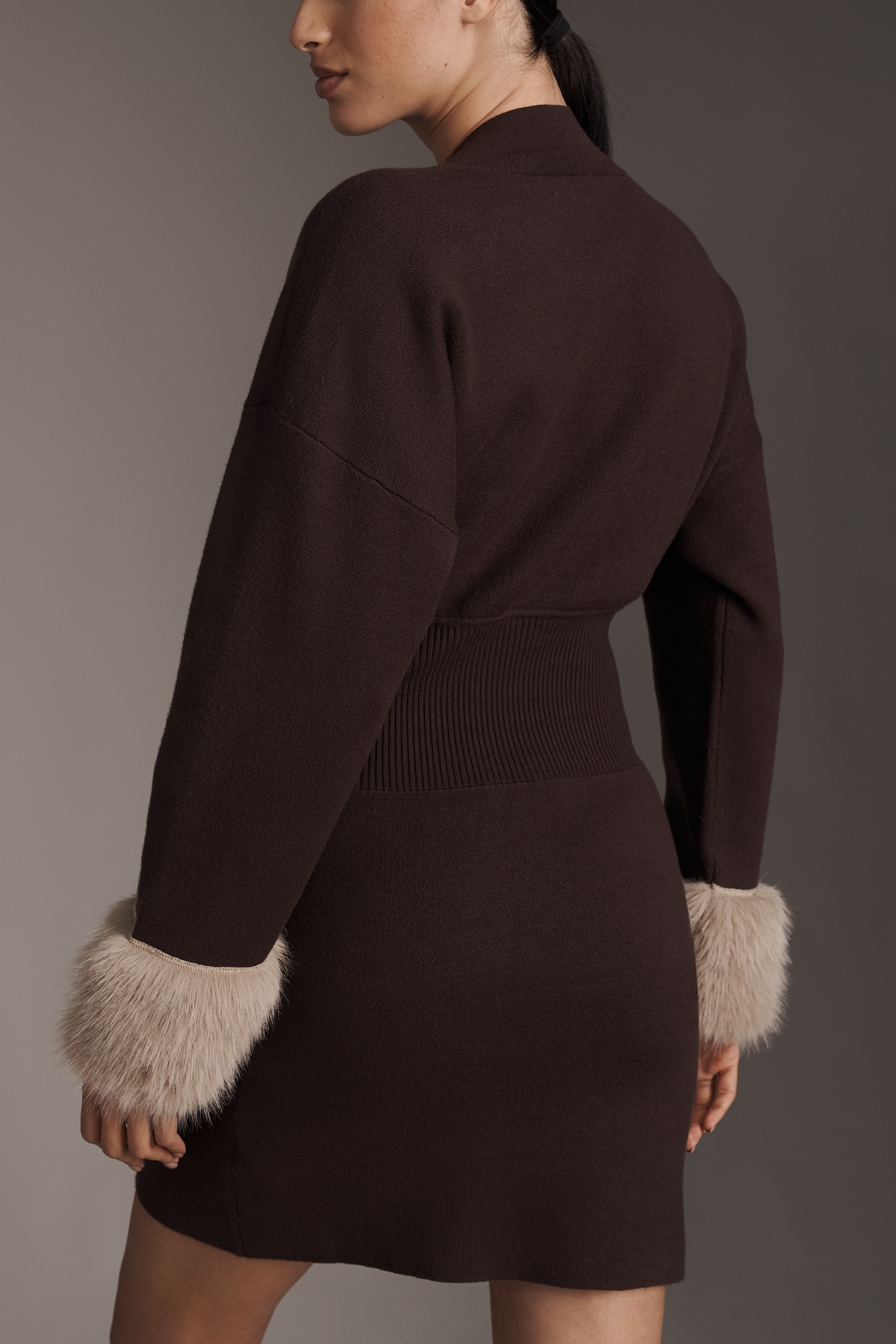 By Anthropologie Long-Sleeve Faux Fur Trim Sweater Mini Dress