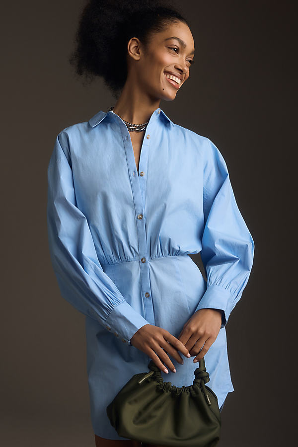 Maeve Long-sleeve Poplin Mini Shirt Dress In Blue