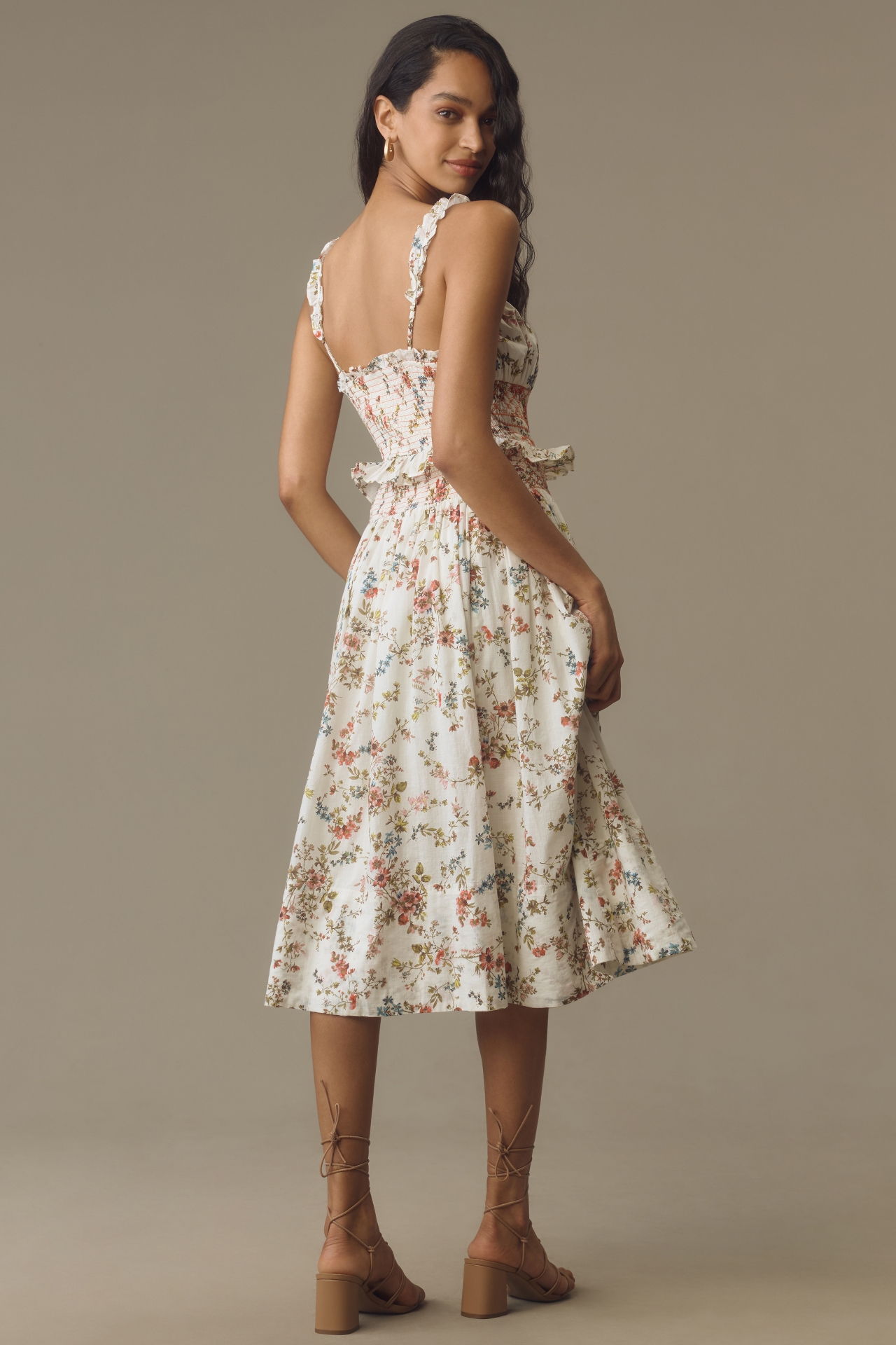 By Anthropologie Sleeveless Smocked-Waist Ruffled Midi Dres