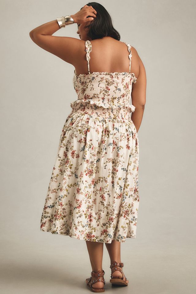anthropologie smocked ruffle midi dress By Anthropologie Sleeveless Smocked-Waist Ruffled Midi Dres