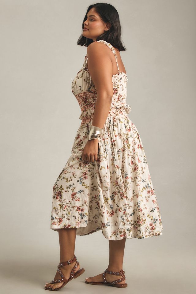 anthropologie smocked ruffle midi dress Sleeveless Smocked Waist A-Line Midi Dress by Anthropologie in Blue, Size: Large