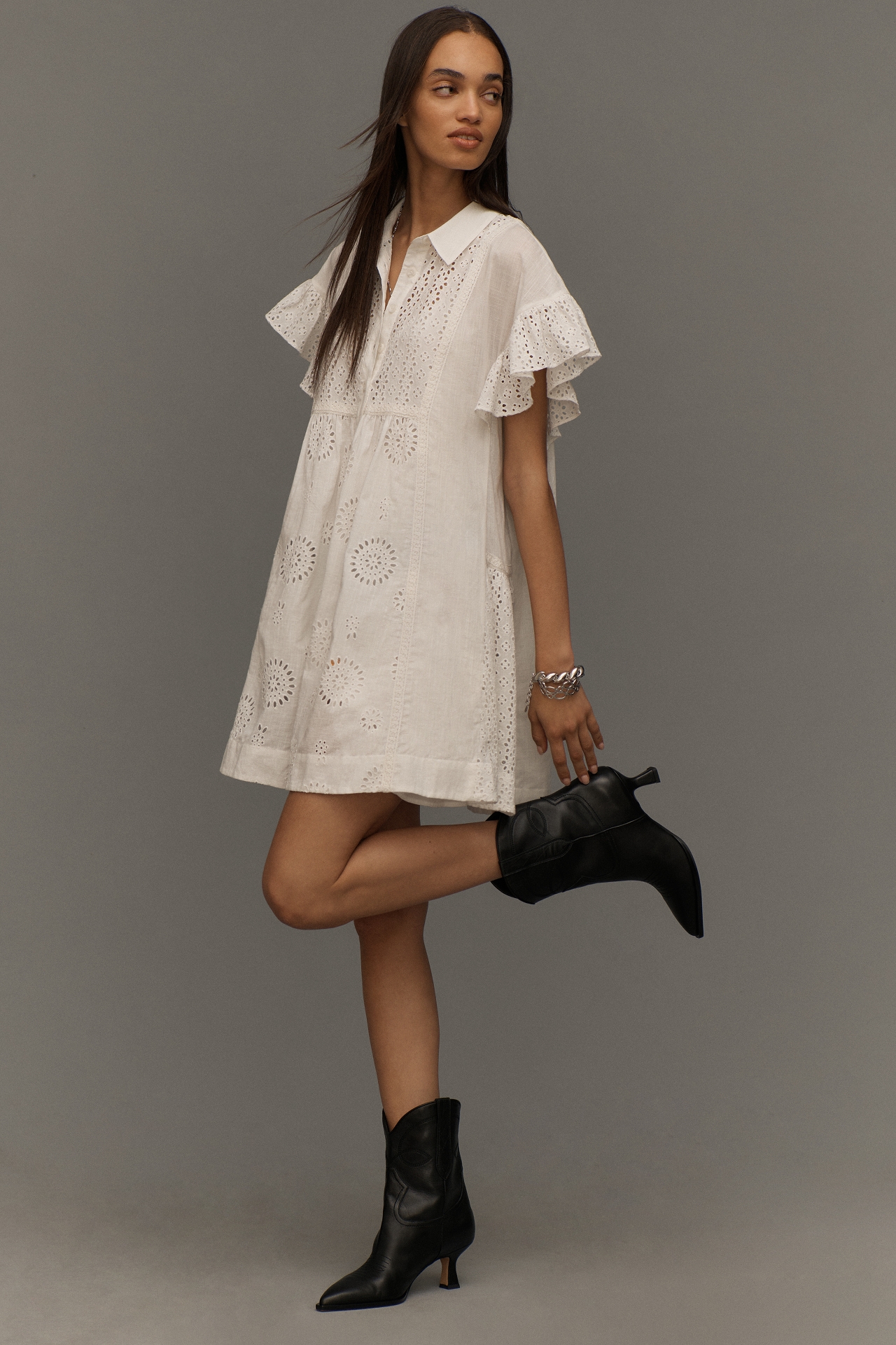 By Anthropologie Flutter-Sleeve Collared Eyelet Mini Dress