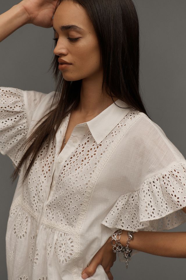 By Anthropologie Flutter-Sleeve Collared Eyelet Mini Dress | Anthropologie