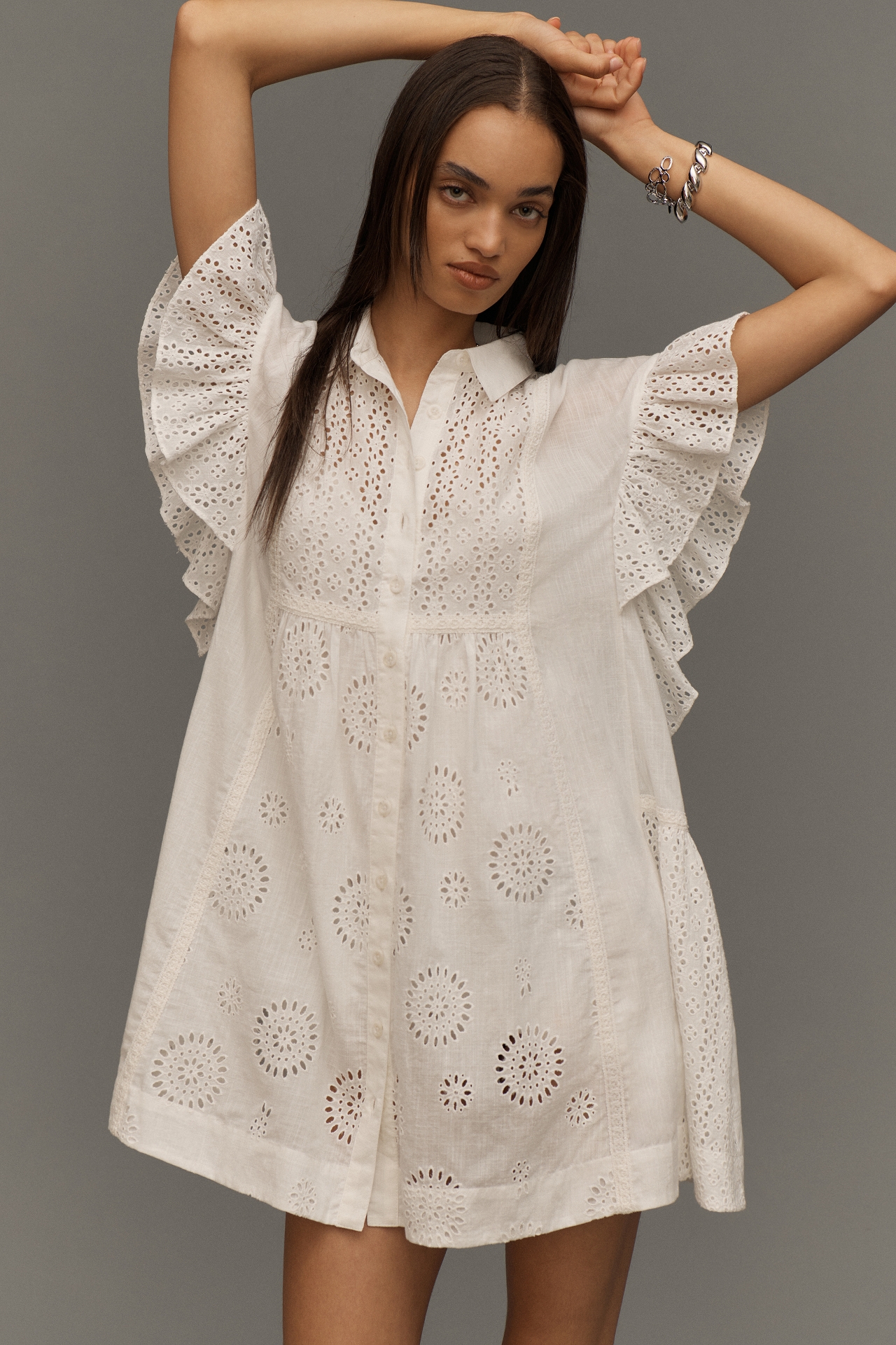 By Anthropologie Flutter-Sleeve Collared Eyelet Mini Dress | The Summit