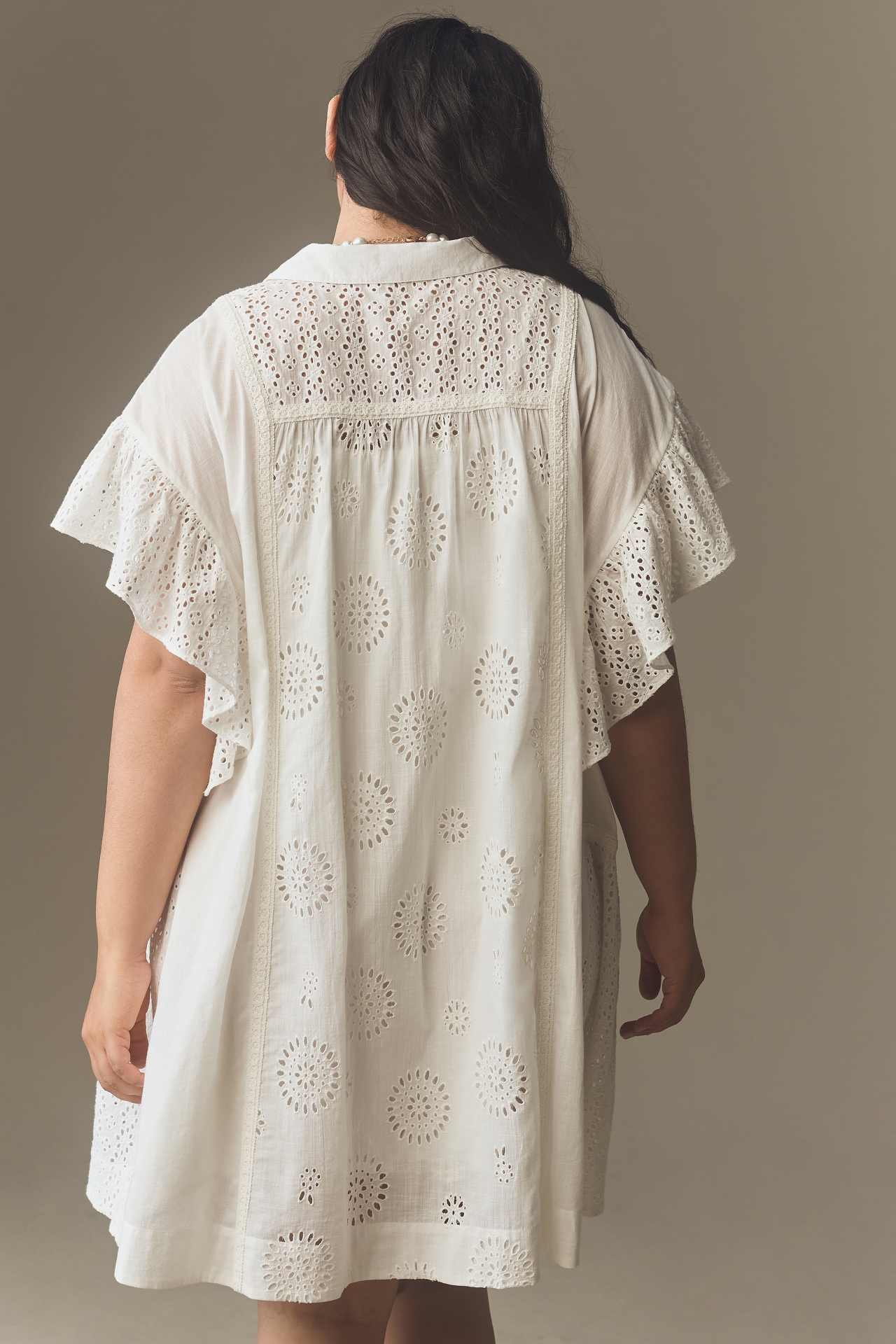 By Anthropologie Flutter-Sleeve Collared Eyelet Mini Dress