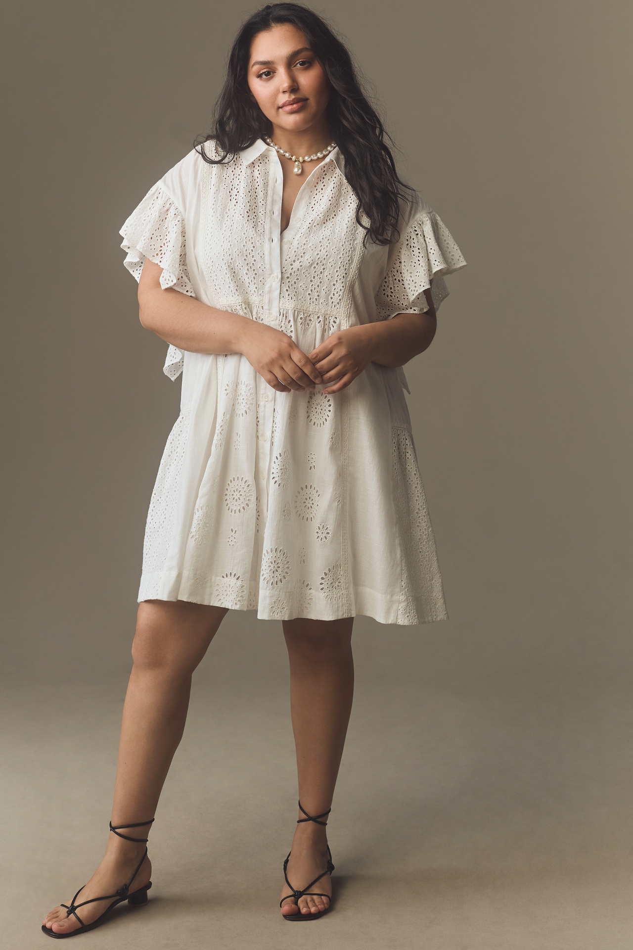 By Anthropologie Flutter-Sleeve Collared Eyelet Mini Dress