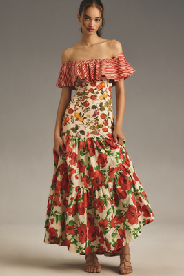 maeve off the shoulder mixed print midi dress Maeve Off-the-Shoulder Mixed-Print Midi Dress