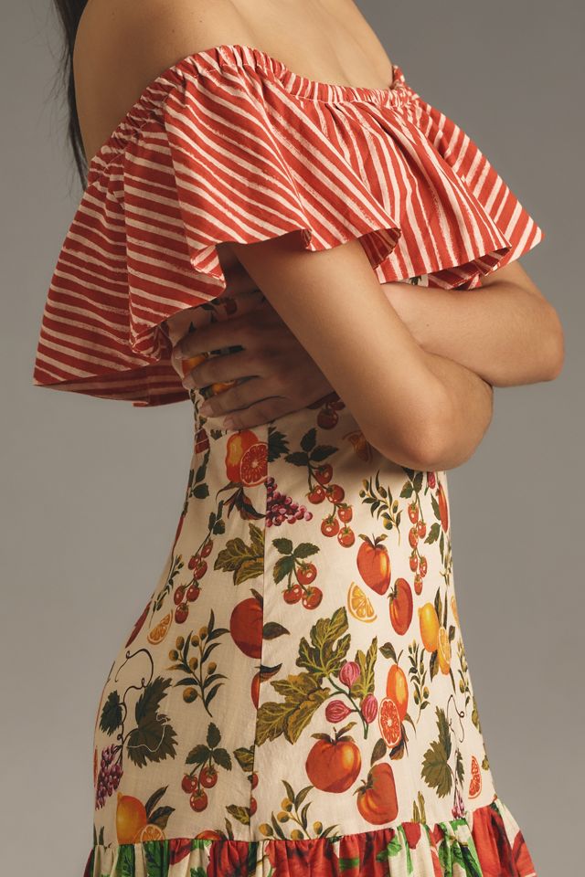 Maeve Off-the-Shoulder Mixed-Print Midi Dress #1