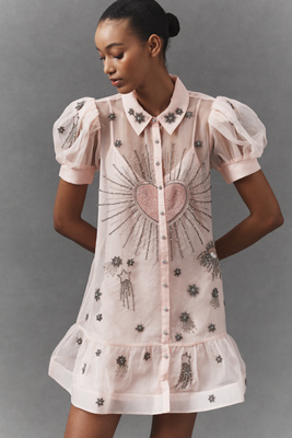 Maeve Short-sleeve Embellished Mini Shirt Dress In Neutral