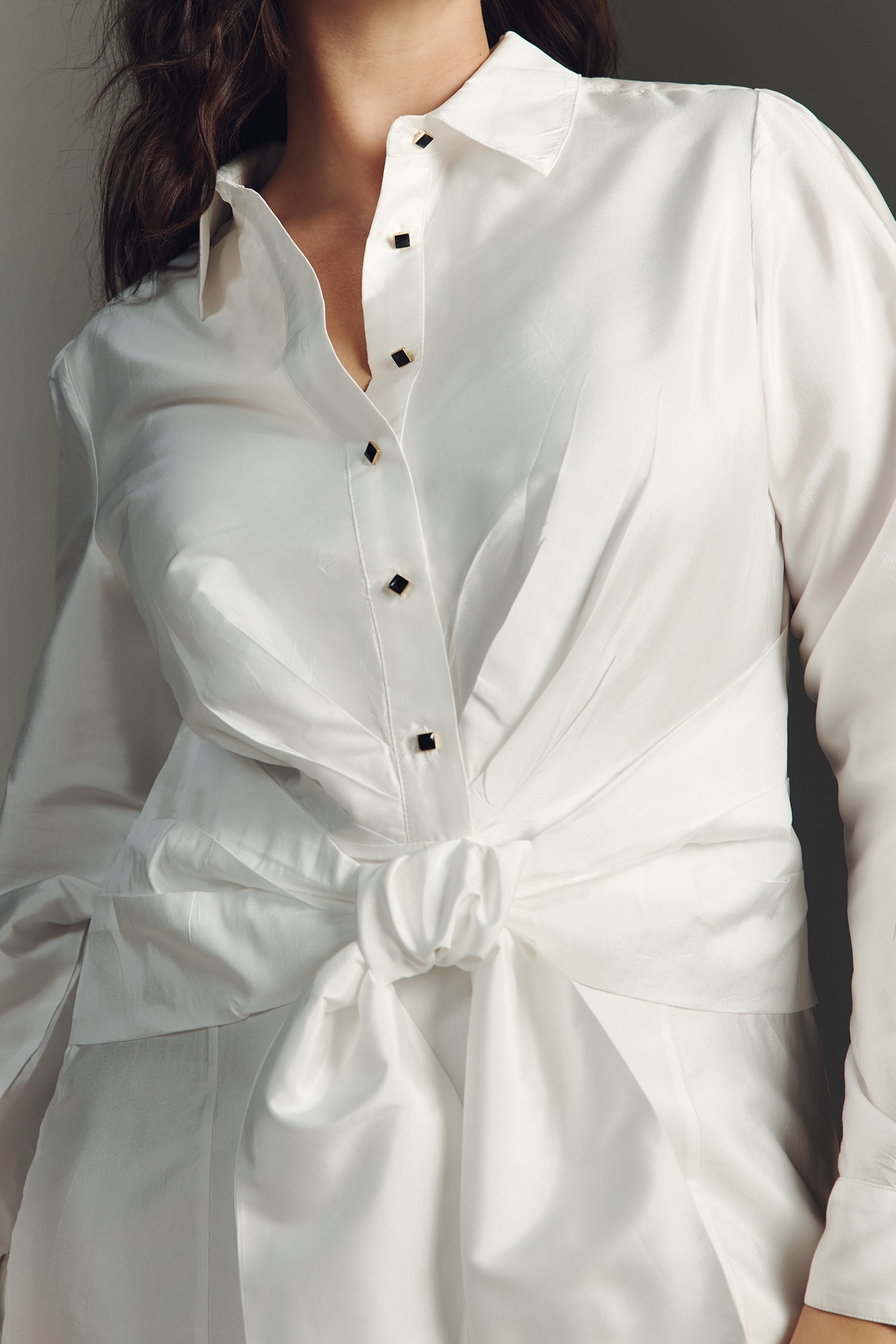 By Anthropologie Long-Sleeve Tie-Front Mini Shirt Dress