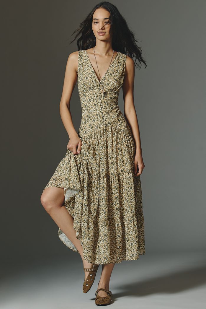 By Anthropologie Sleeveless V-Neck Tiered A-Line Midi Dress