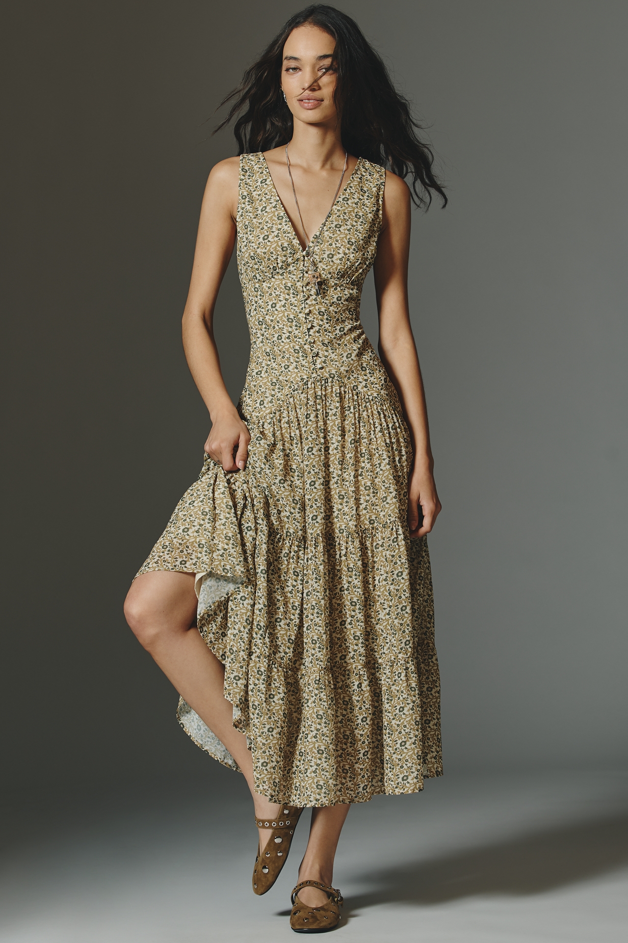 By Anthropologie Sleeveless V-Neck Tiered A-Line Midi Dress