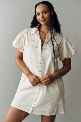 100% Cotton Puff-Sleeve Mini Shirt Dress
