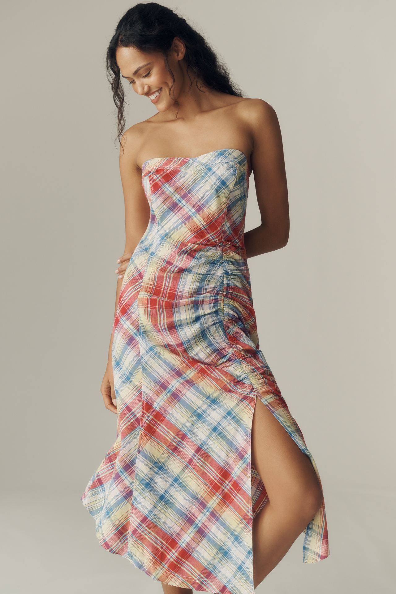 Pilcro Cotton Strapless Ruched Midi Dress