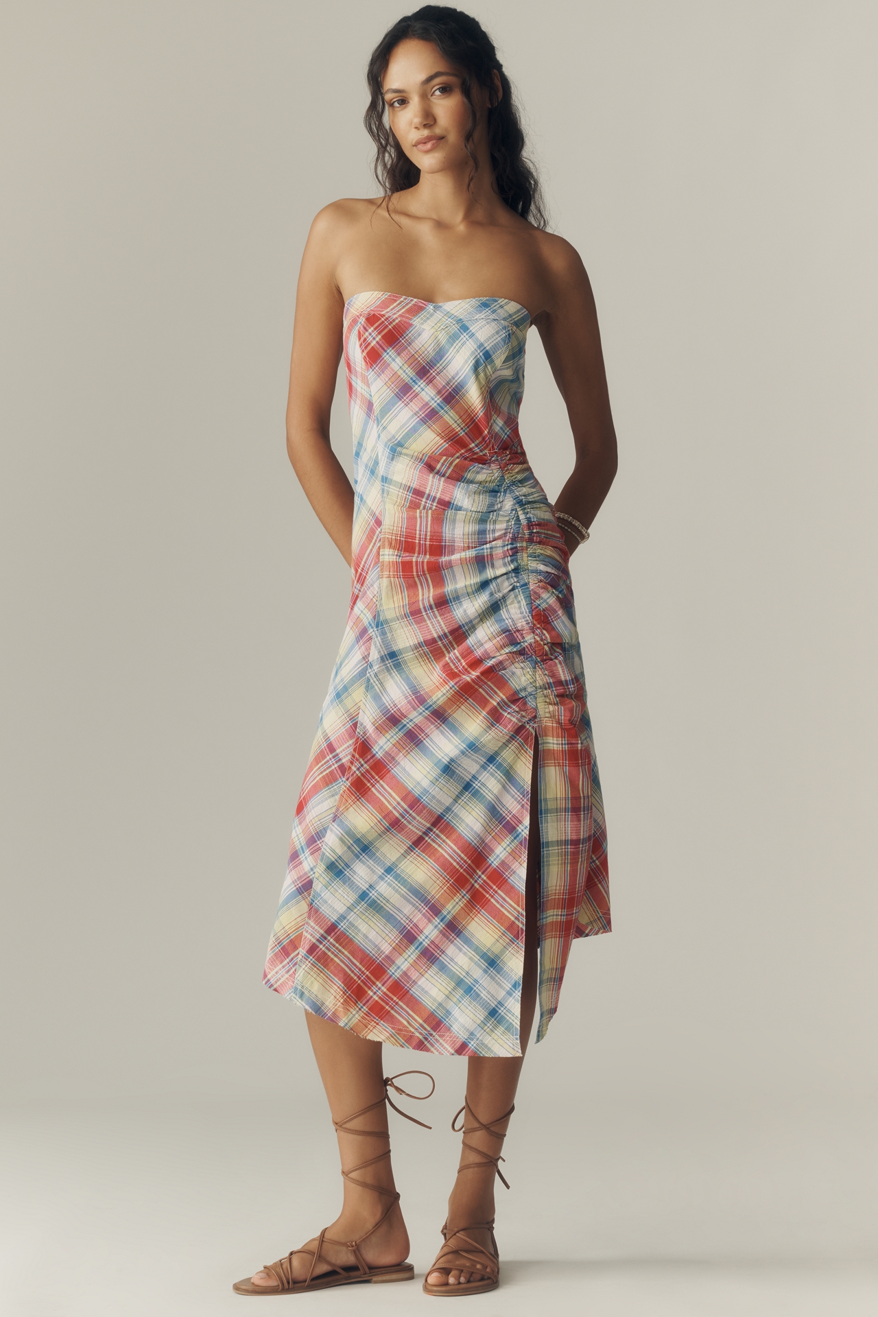 Pilcro Cotton Strapless Ruched Midi Dress