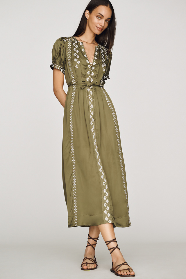 By Anthropologie Satin Embroidered Midi Dress