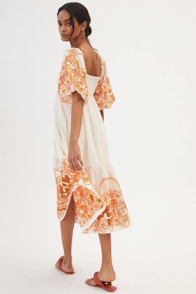 tina puff-sleeved embroidered midi dress Puff Sleeve Embellished A Line Midi Dress Puff Sleeve Embellished A Li –  The Dress Outlet main image 0
