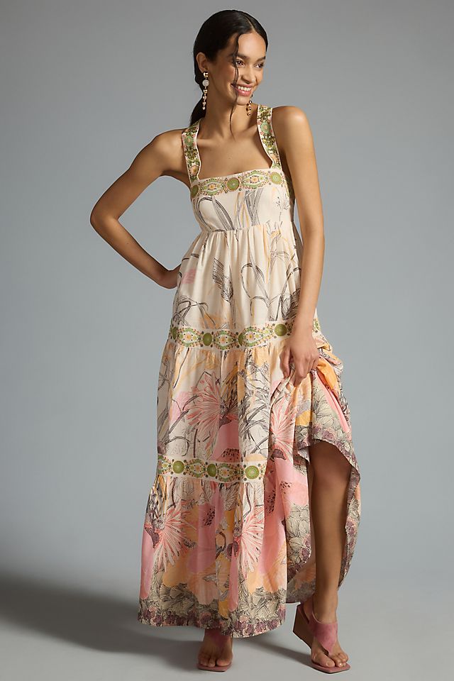 anthropologie maxi dresses Ruffled Dress Crafted from soft stretch knit fabric Tiered Floral Maxi Dress |