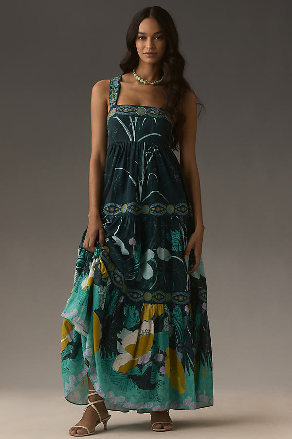 By Anthropologie Sleeveless Square-Neck Patterned Maxi Dress