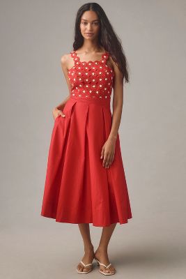 Maeve Crochet Halter Poplin Midi Dress In Red