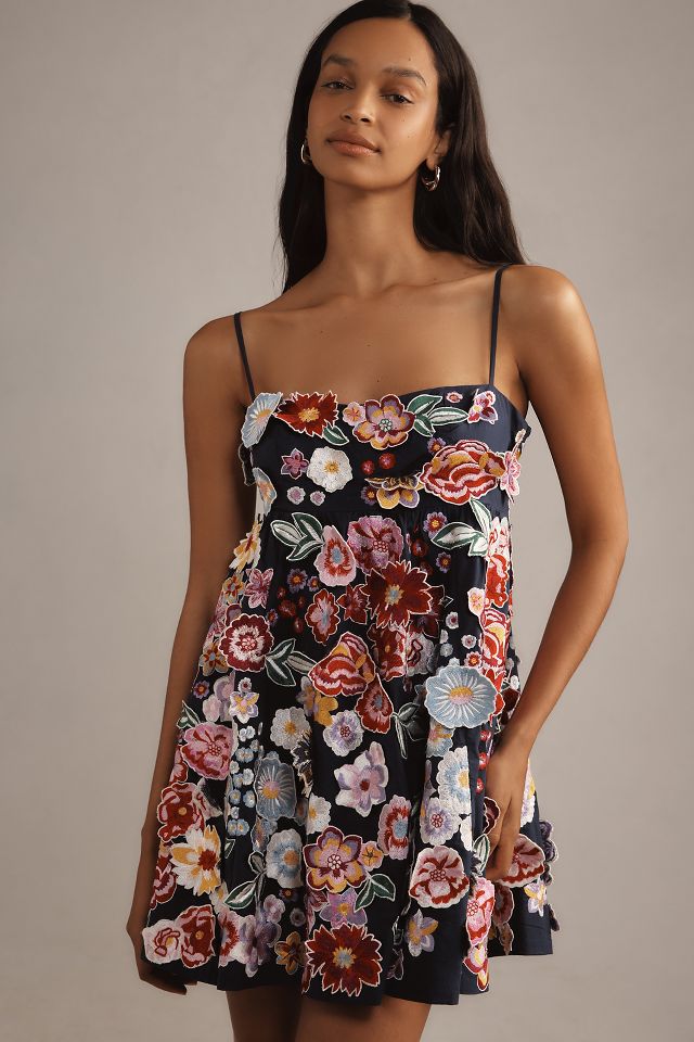 By Anthropologie Sleeveless 3D Floral Babydoll Mini Dress