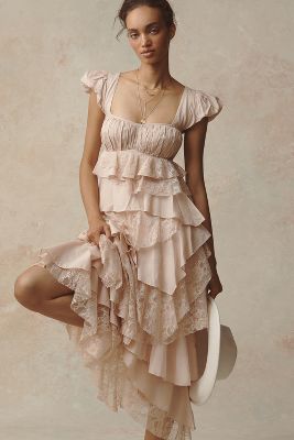 Shop By Anthropologie Square-neck Ruffle Midi Dress In Pink