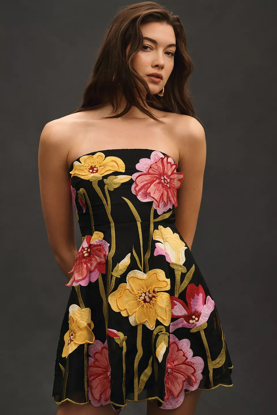 By Anthropologie Strapless Floral Organza Mini Dress