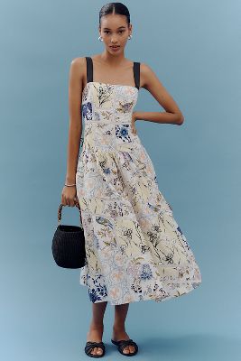 Maeve Cotton Sleeveless Square-neck Tile Printed Midi Dress