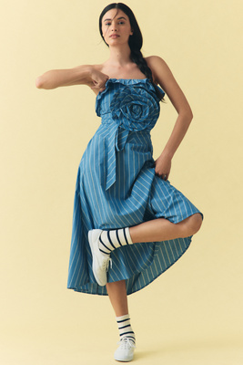 By Anthropologie Strapless Rosette Asymmetrical Drop-waist Midi Dress In Blue
