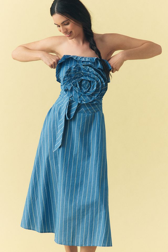 By Anthropologie Strapless Rosette Asymmetric Drop-Waist Midi Dress #2