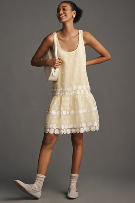 MAEVE SLEEVELESS SCOOP-NECK DAISY BORDER DROP-WAIST MINI DRESS 