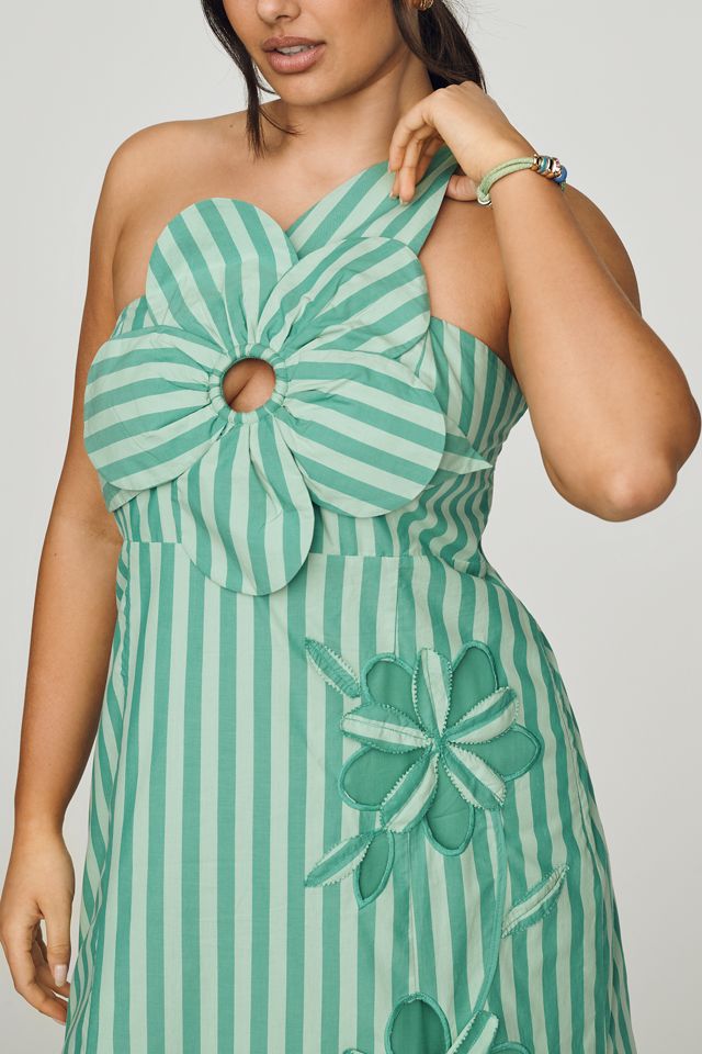 Amara One-Shoulder Cutwork Midi Dress by Anthropologie in Green, Size: 2X