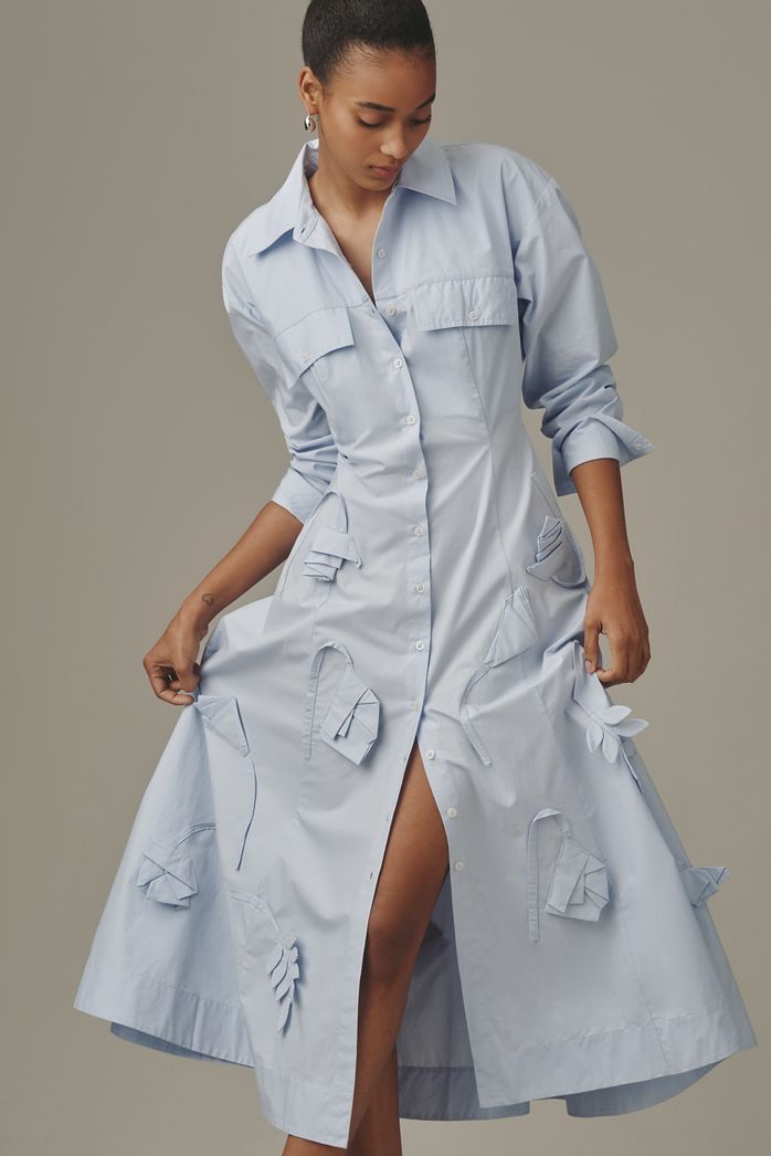 Maeve 3D Floral Long-Sleeve A-Line Shirt Dress