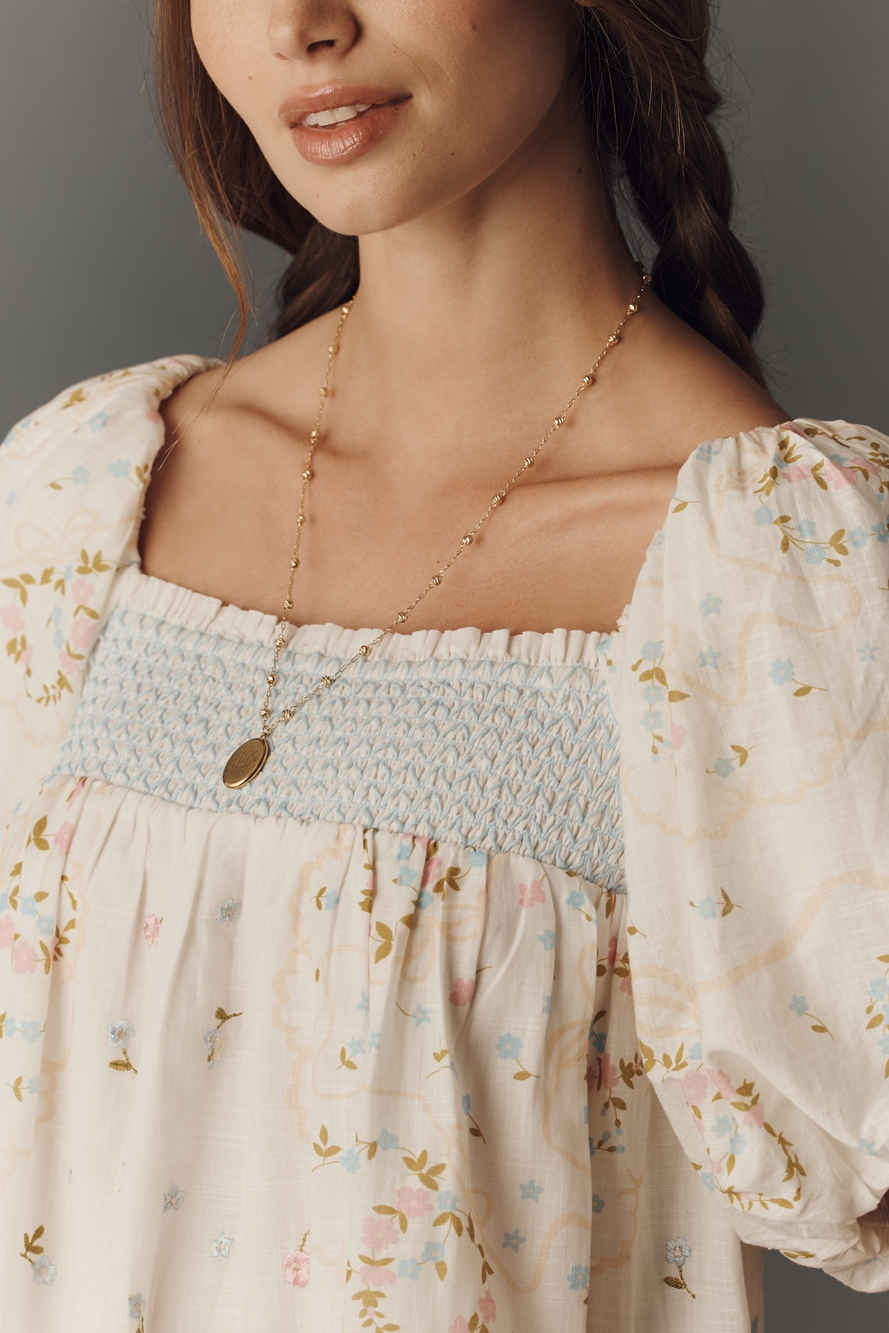 By Anthropologie Embroidered Puff-Sleeve Babydoll Dress
