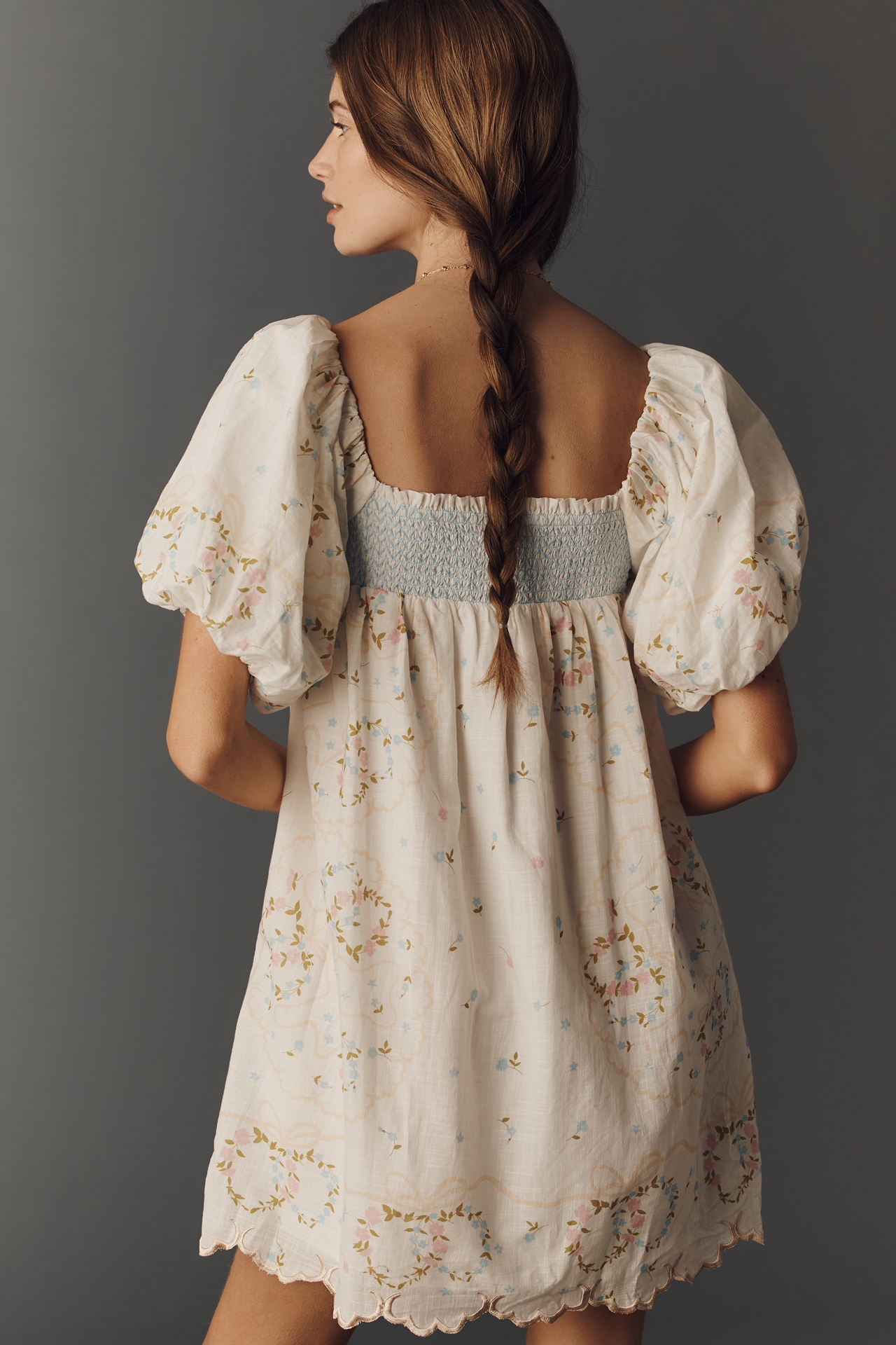 By Anthropologie Embroidered Puff-Sleeve Babydoll Dress