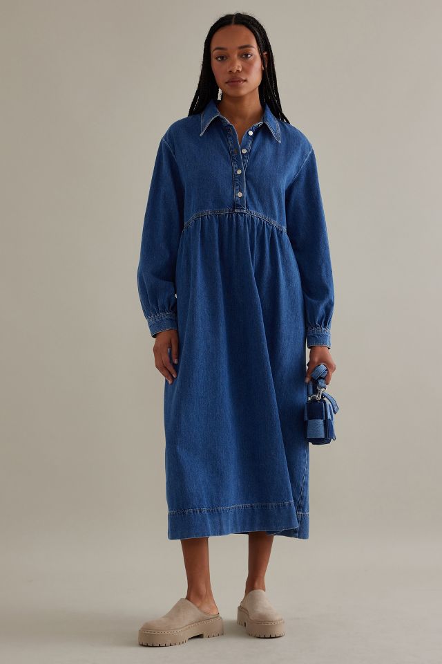 Seen Worn Kept Slouchy Long-Sleeve Denim Midi Dress | Anthropologie UK