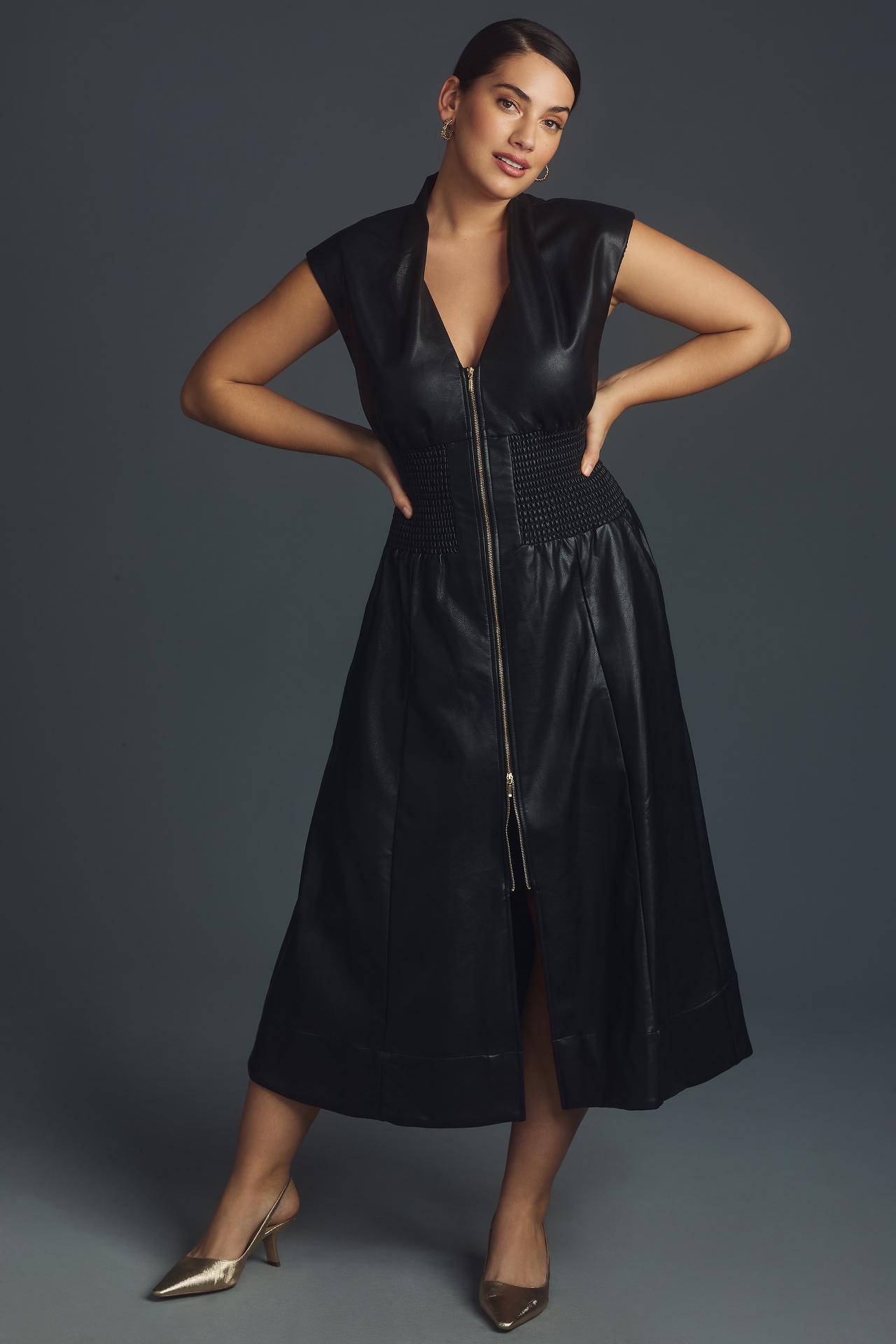 The Tommie Cap-Sleeve Smocked Front-Zip Shirt Dress: Faux Leather Edition