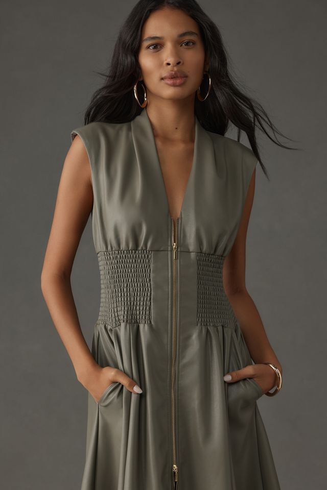 The Tommie Cap-Sleeve Smocked Front-Zip Shirt Dress: Faux Leather Edition |  Anthropologie UK